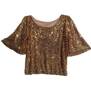 Gold Sequin Cropped Pink Blouse ~XL